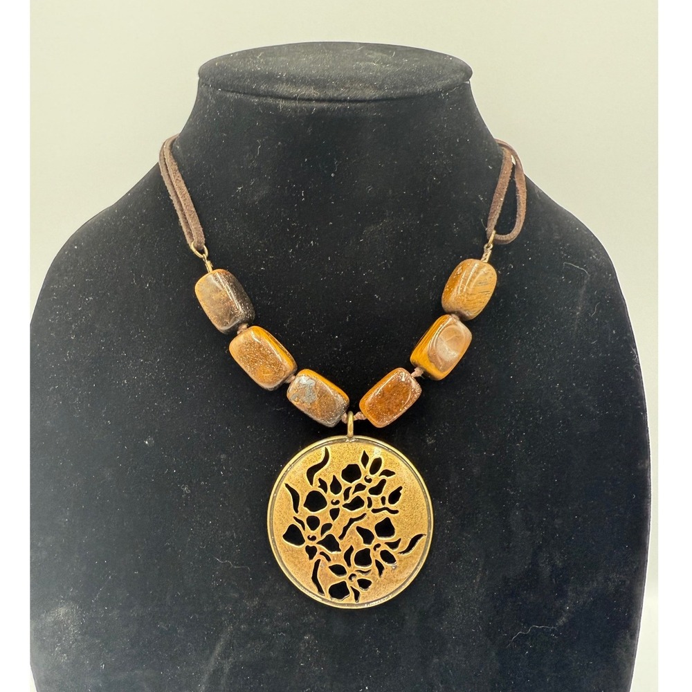 Avon Vintage Bronze Floral Medallion Tiger Eye Bead Suede Cord Necklace Boho